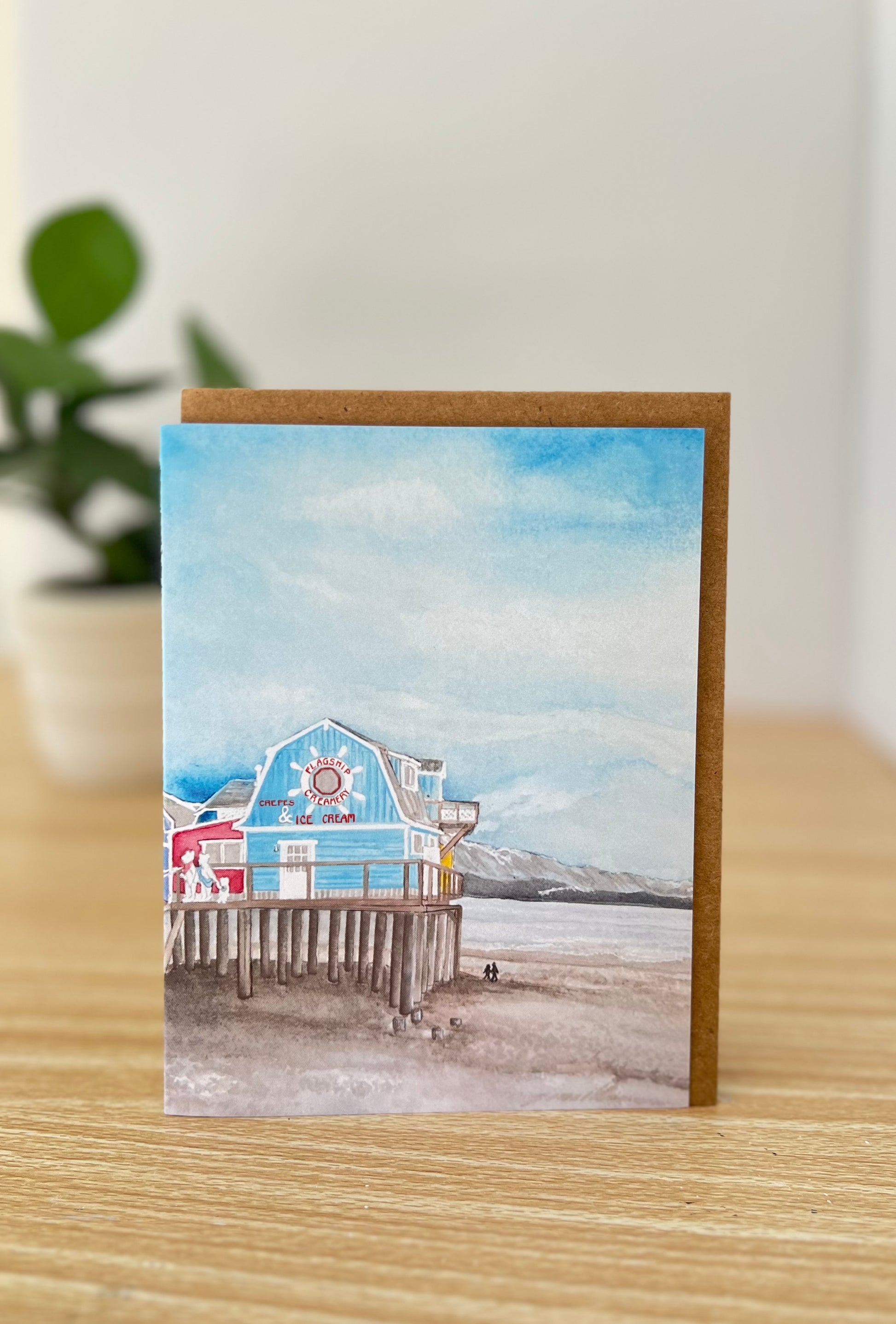 A2 greeting card with a depictions of an iconic ice cream shop on Alaska's Homer Spit. 